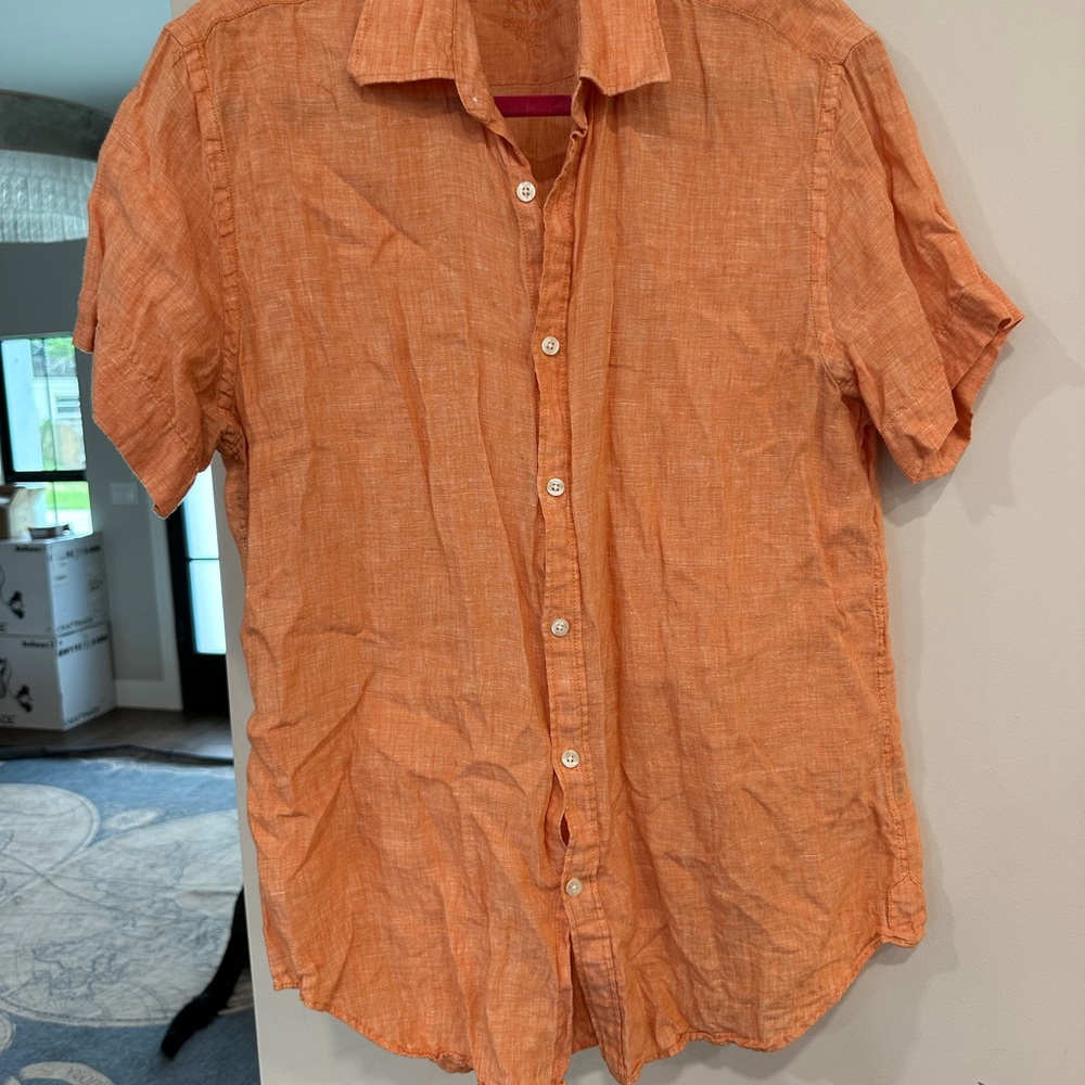 Kiwi Men's 100% Linen Casual Orange Button Down Shirt Size Large St. Barths